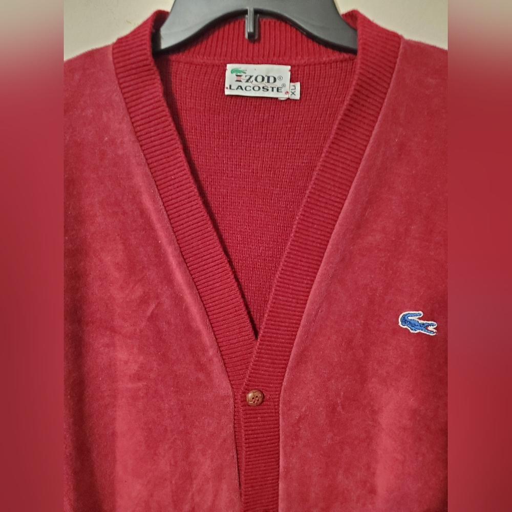 Vintage Lacoste Velour Textured Burgundy V-Neck Cardigan with Croc Logo XL - Picture 4 of 9